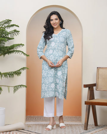 Vaasva Women Mint Cotton Printed Straight Kurti - Distacart