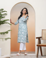 Thumbnail for Vaasva Women Mint Cotton Printed Straight Kurti
