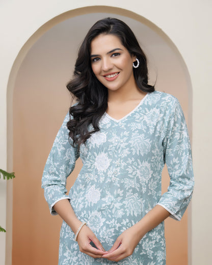 Vaasva Women Mint Cotton Printed Straight Kurti - Distacart