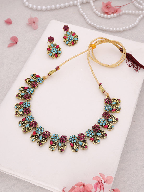 Tehzeeb Creations Luxurious Gold Polished Sky Blue Color Choker Necklace Set With Matching Earrings - Distacart