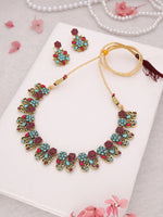 Thumbnail for Tehzeeb Creations Luxurious Gold Polished Sky Blue Color Choker Necklace Set With Matching Earrings - Distacart