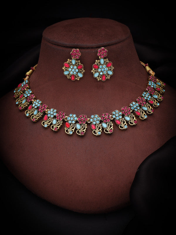 Tehzeeb Creations Luxurious Gold Polished Sky Blue Color Choker Necklace Set With Matching Earrings - Distacart