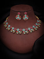 Thumbnail for Tehzeeb Creations Luxurious Gold Polished Sky Blue Color Choker Necklace Set With Matching Earrings - Distacart