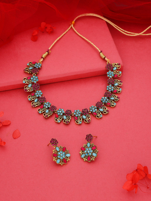 Tehzeeb Creations Luxurious Gold Polished Sky Blue Color Choker Necklace Set With Matching Earrings - Distacart