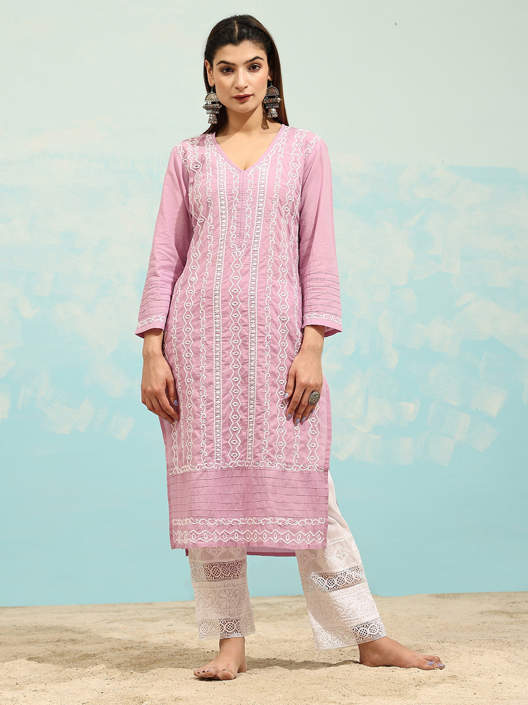 HOUSE OF KARI Cotton Floral Embroidered Chikankari Kurta - Distacart