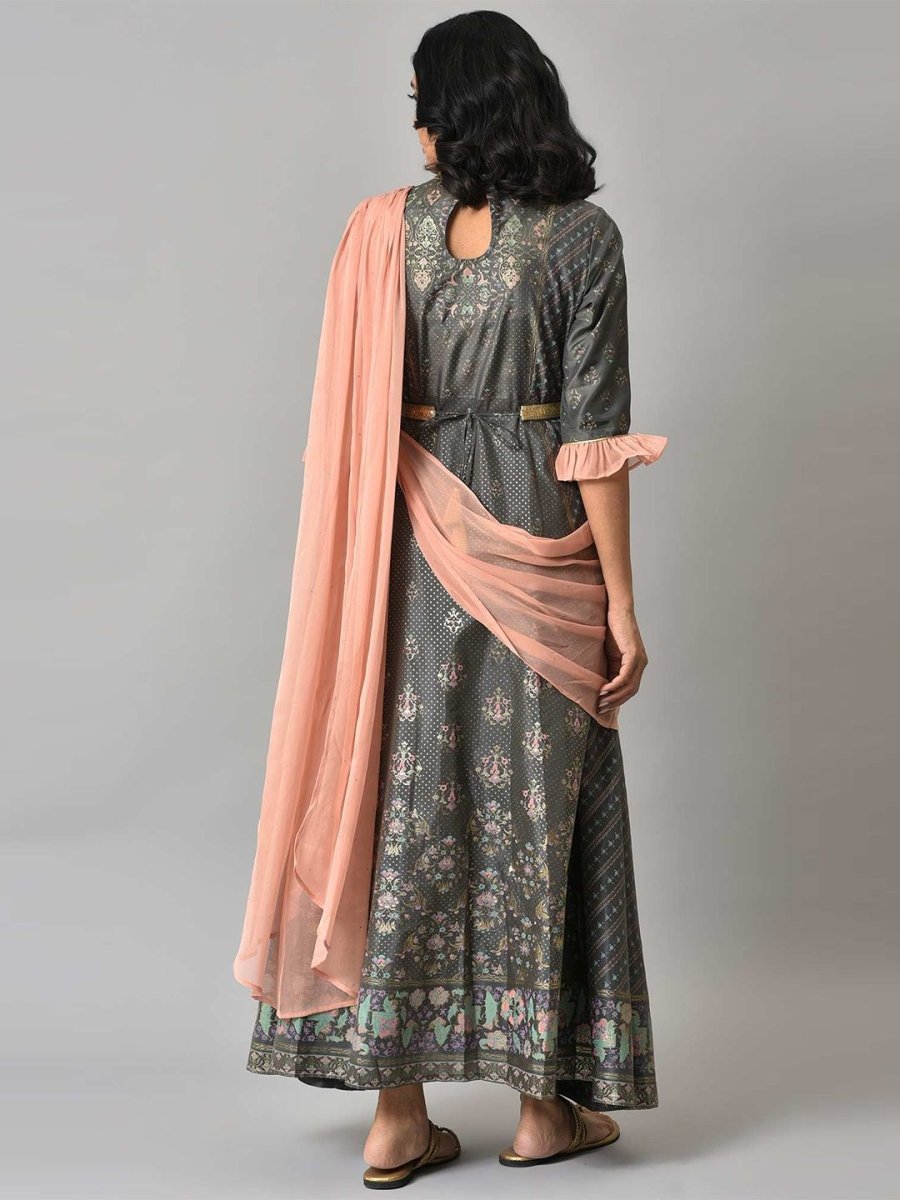 AURELIA Gunmetal-Toned & Peach-Coloured Ethnic Motifs Ethnic Maxi Ethnic Dress with Shawl