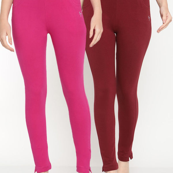 TAG 7 Women Pack of 2 Pink & Maroon Solid Kurti Pants - Distacart