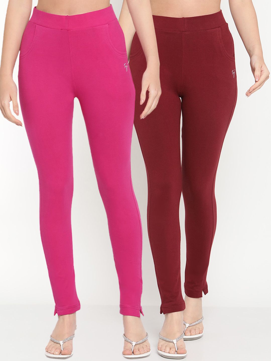 TAG 7 Women Pack of 2 Pink & Maroon Solid Kurti Pants - Distacart