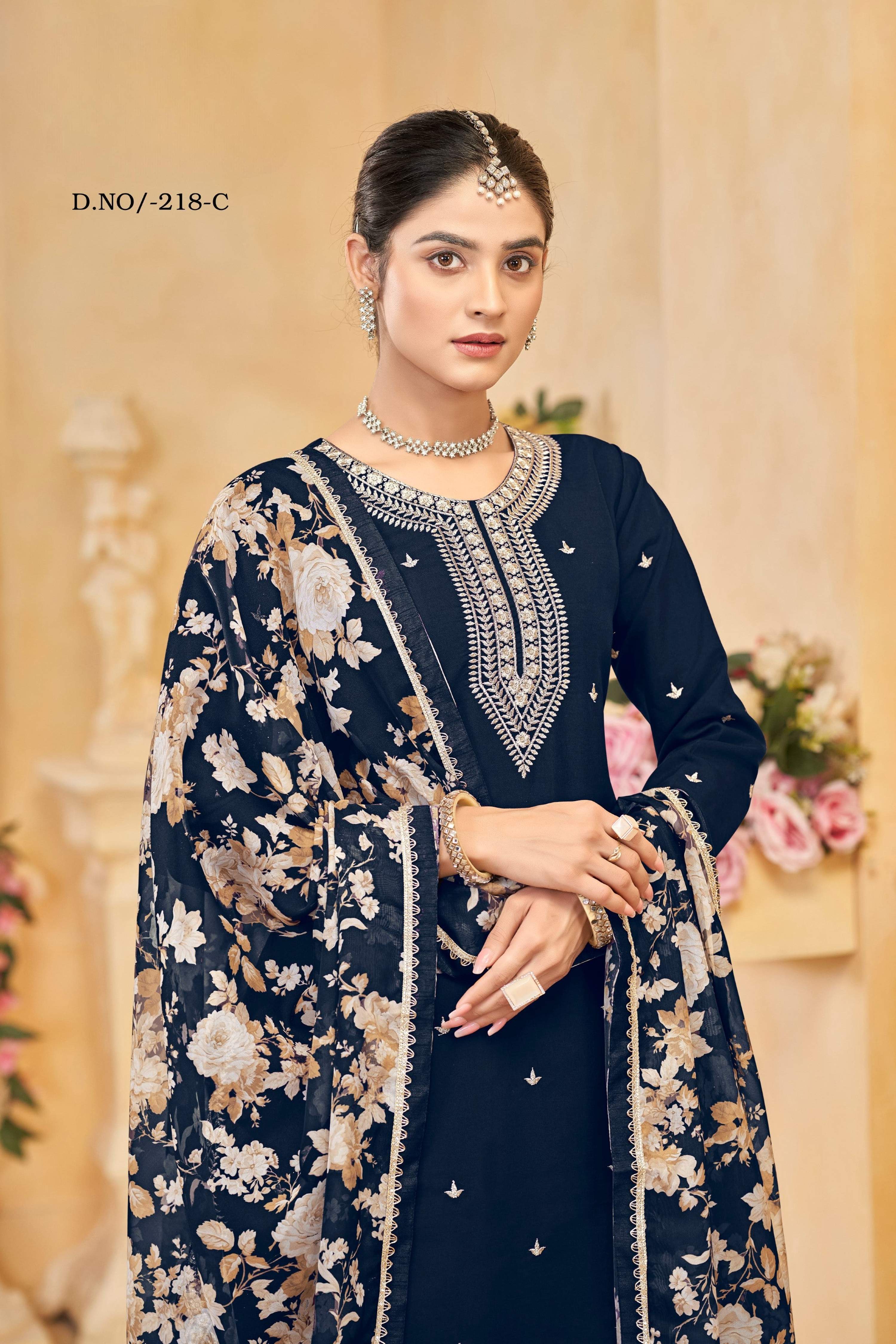 Anaita Navy Blue Roman Silk Embroidered Salwar Suit - Distacart