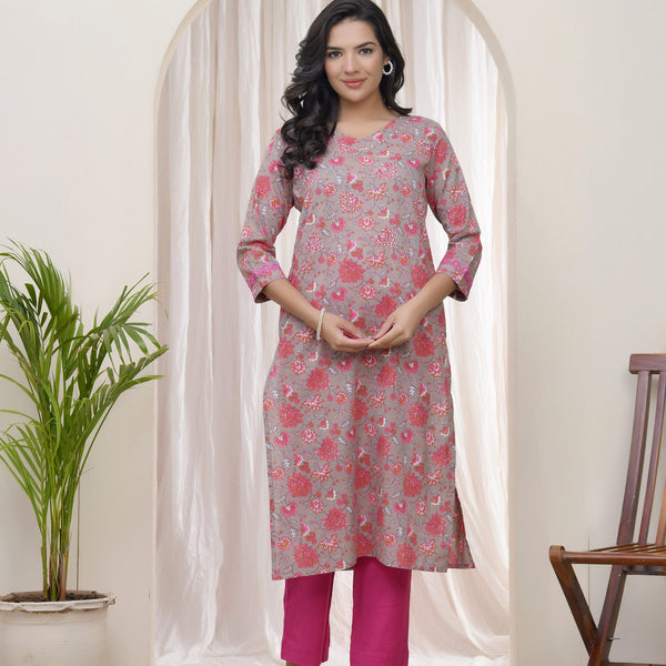 Vaasva Women Charcoal Cotton Printed Straight Kurti