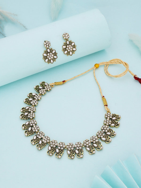 Tehzeeb Creations Luxurious Gold Polished White Colour Choker Necklace Set With Matching Earrings - Distacart
