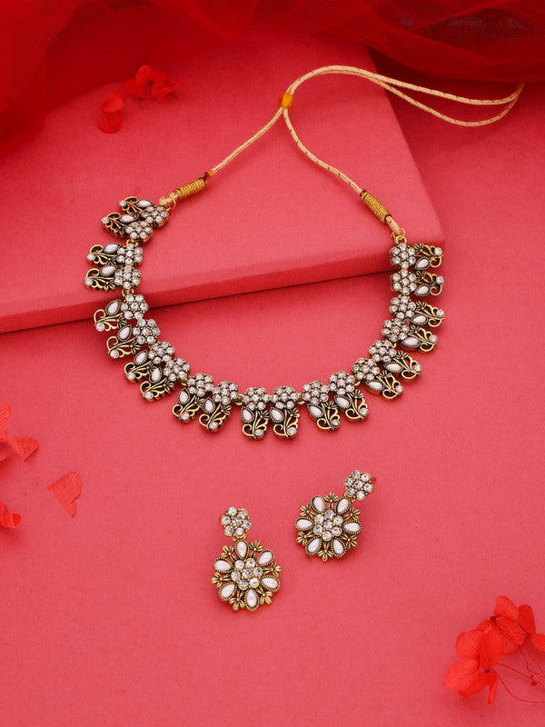 Tehzeeb Creations Luxurious Gold Polished White Colour Choker Necklace Set With Matching Earrings - Distacart