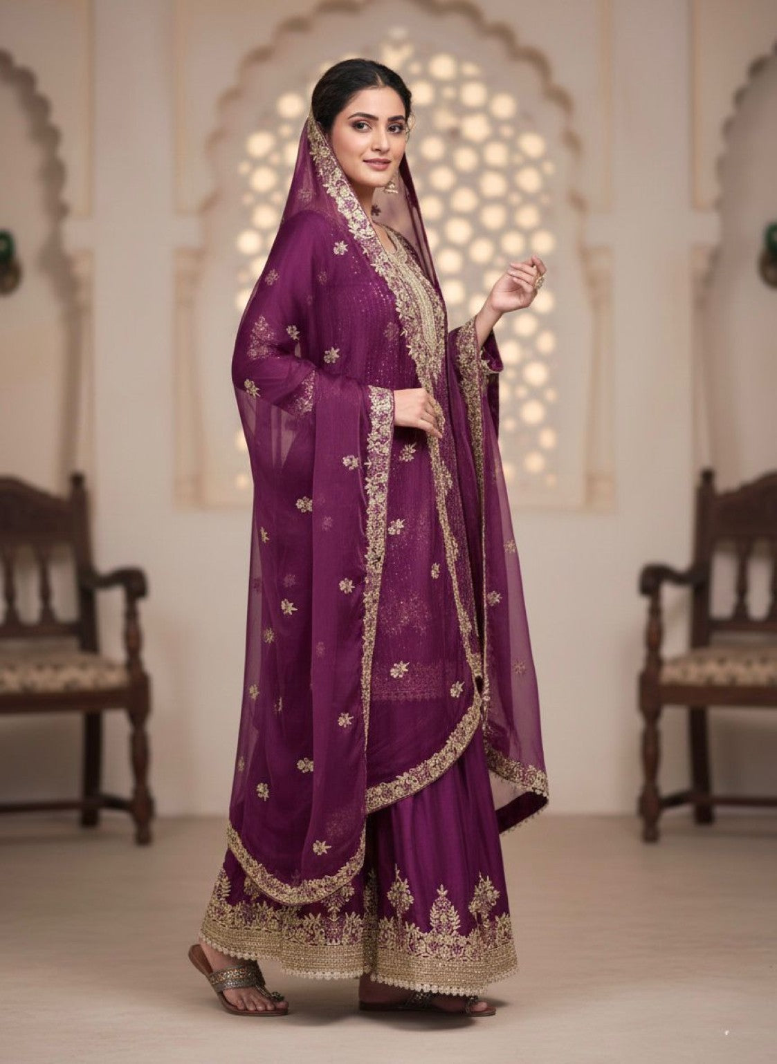 Anaita Purple Silk Readymade Suit with Embroidery & Diamond Work - Dista