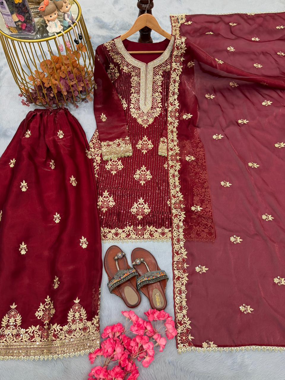 Anaita Maroon Silk Readymade Suit with Embroidery & Diamond Work - Dista