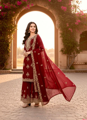 Anaita Maroon Silk Readymade Suit with Embroidery & Diamond Work - Dista