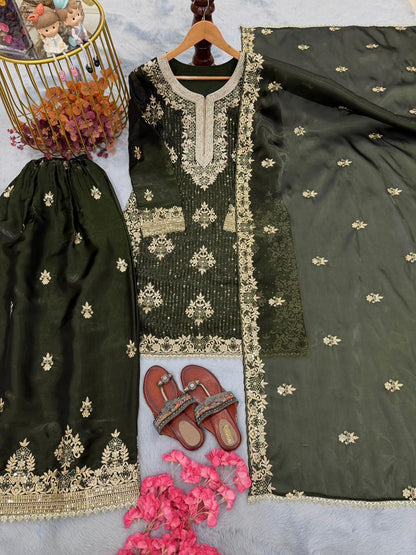 Anaita Mehendi Silk Readymade Suit with Embroidery & Diamond Work - Dista