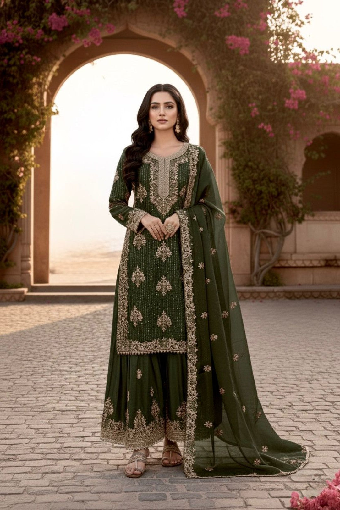 Anaita Mehendi Silk Readymade Suit with Embroidery & Diamond Work - Dista