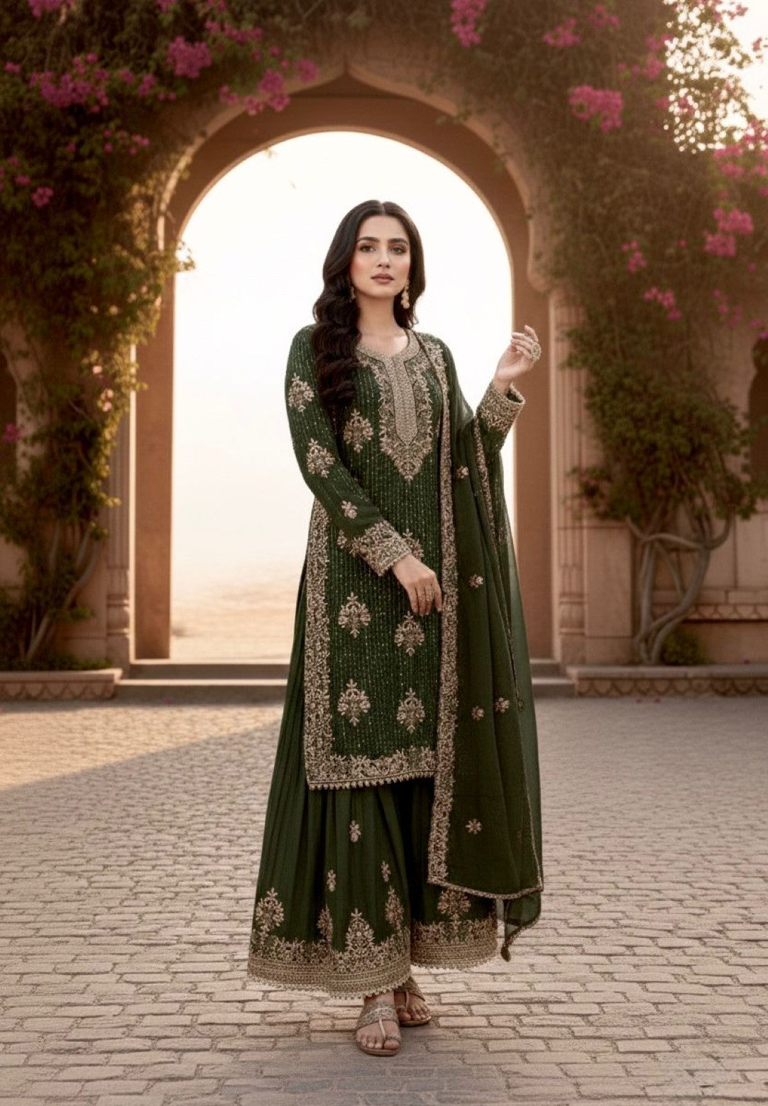 Anaita Mehendi Silk Readymade Suit with Embroidery & Diamond Work - Dista