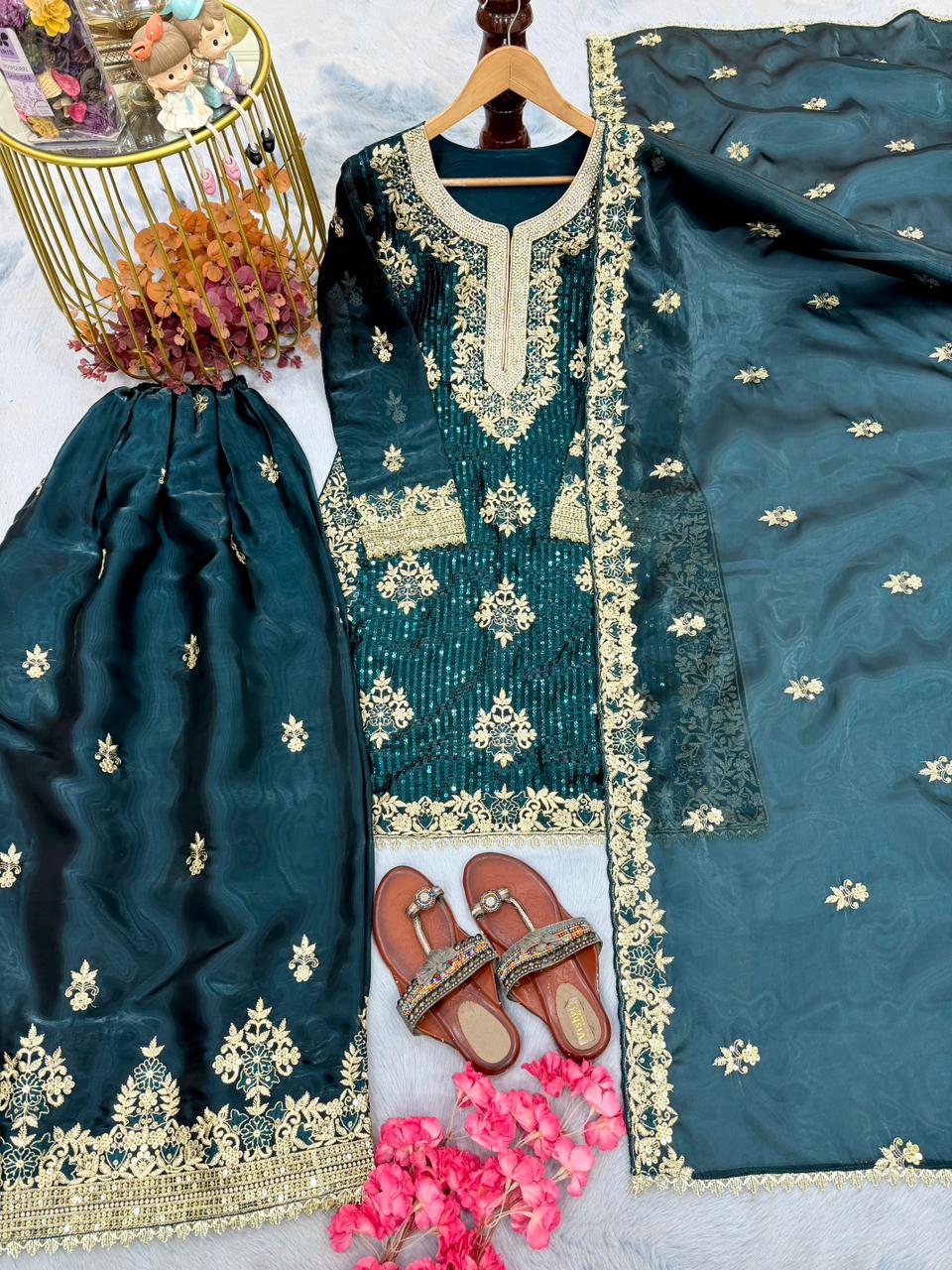 Anaita Teal Blue Silk Readymade Suit with Embroidery & Diamond Work - Dista