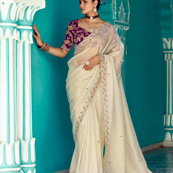 Anaita Beige Embroidery Work Saree With Jacquard Work Blouse Piece - Distacart