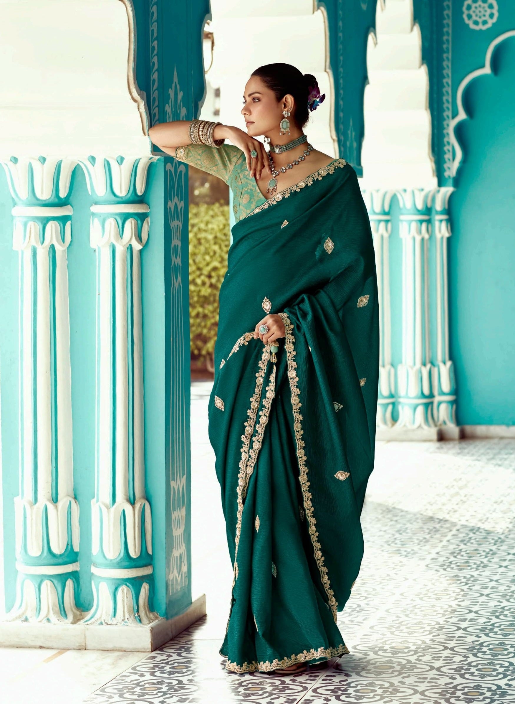 Anaita Emerald Embroidery Work Saree With Jacquard Work Blouse Piece - Distacart