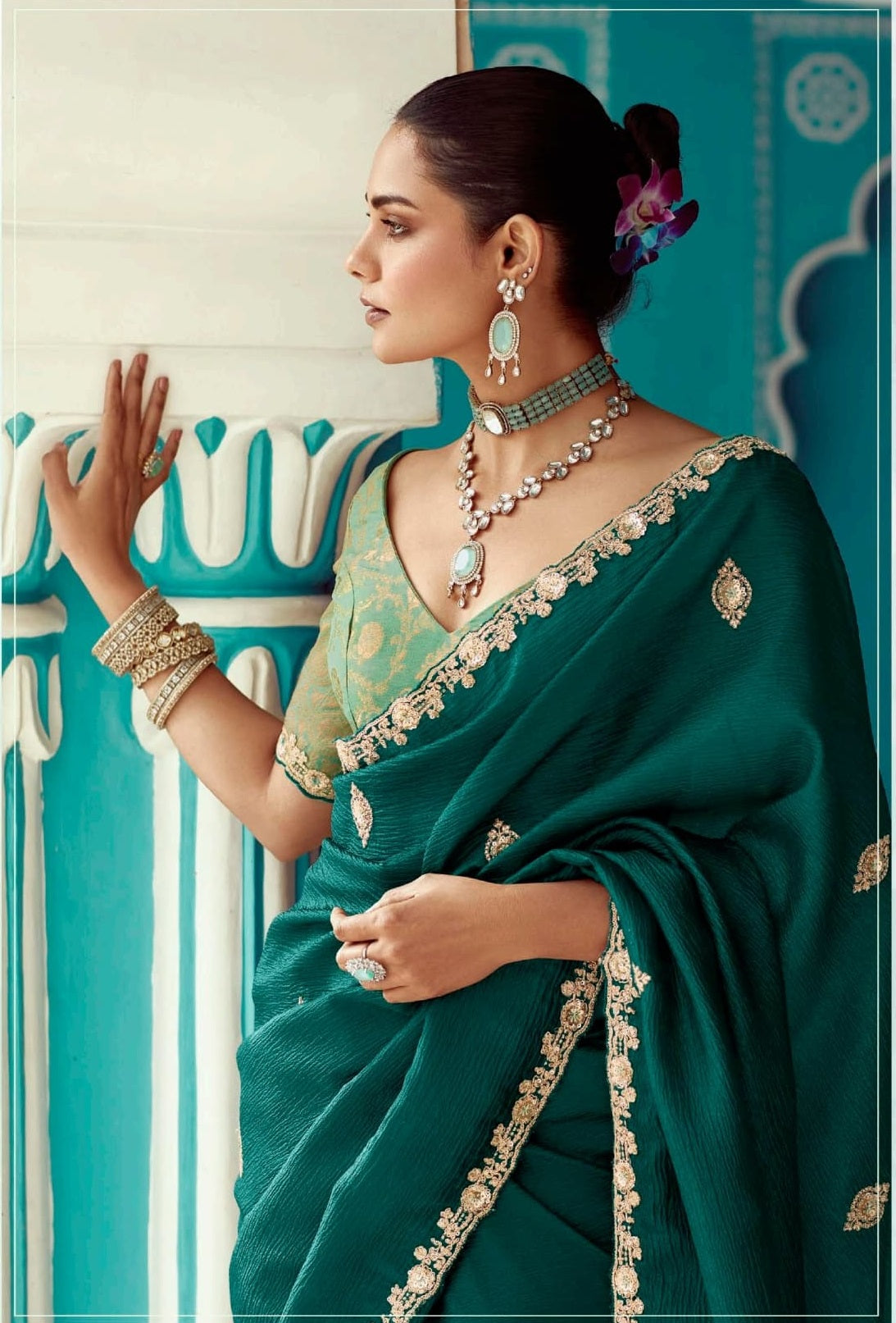 Anaita Emerald Embroidery Work Saree With Jacquard Work Blouse Piece - Distacart