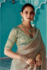 Thumbnail for Anaita Cream Embroidery Work Saree With Jacquard Work Blouse Piece - Distacart