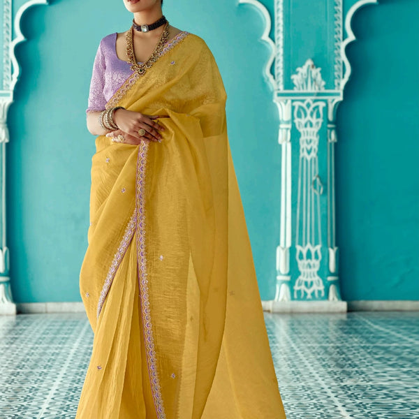 Anaita Yellow Embroidery Work Saree With Jacquard Work Blouse Piece - Distacart