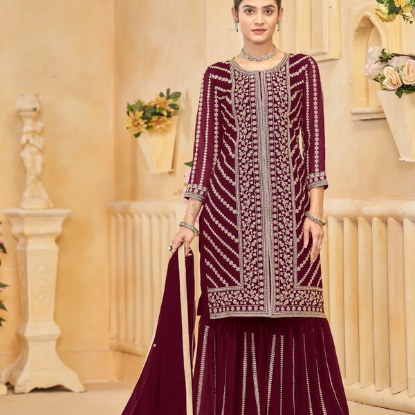 Anaita Maroon Faux Georgette Embroidered Stitched Salwar Suit - Distacart