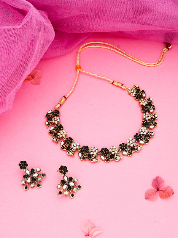 Tehzeeb Creations Luxurious Gold Polished Black &White Colour Choker Necklace Set With Matching Earrings - Distacart