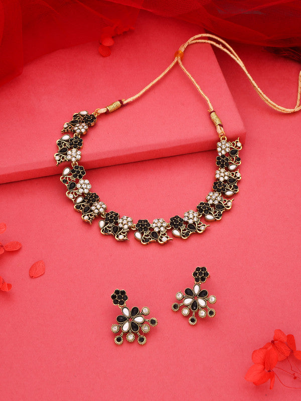Tehzeeb Creations Luxurious Gold Polished Black &White Colour Choker Necklace Set With Matching Earrings - Distacart