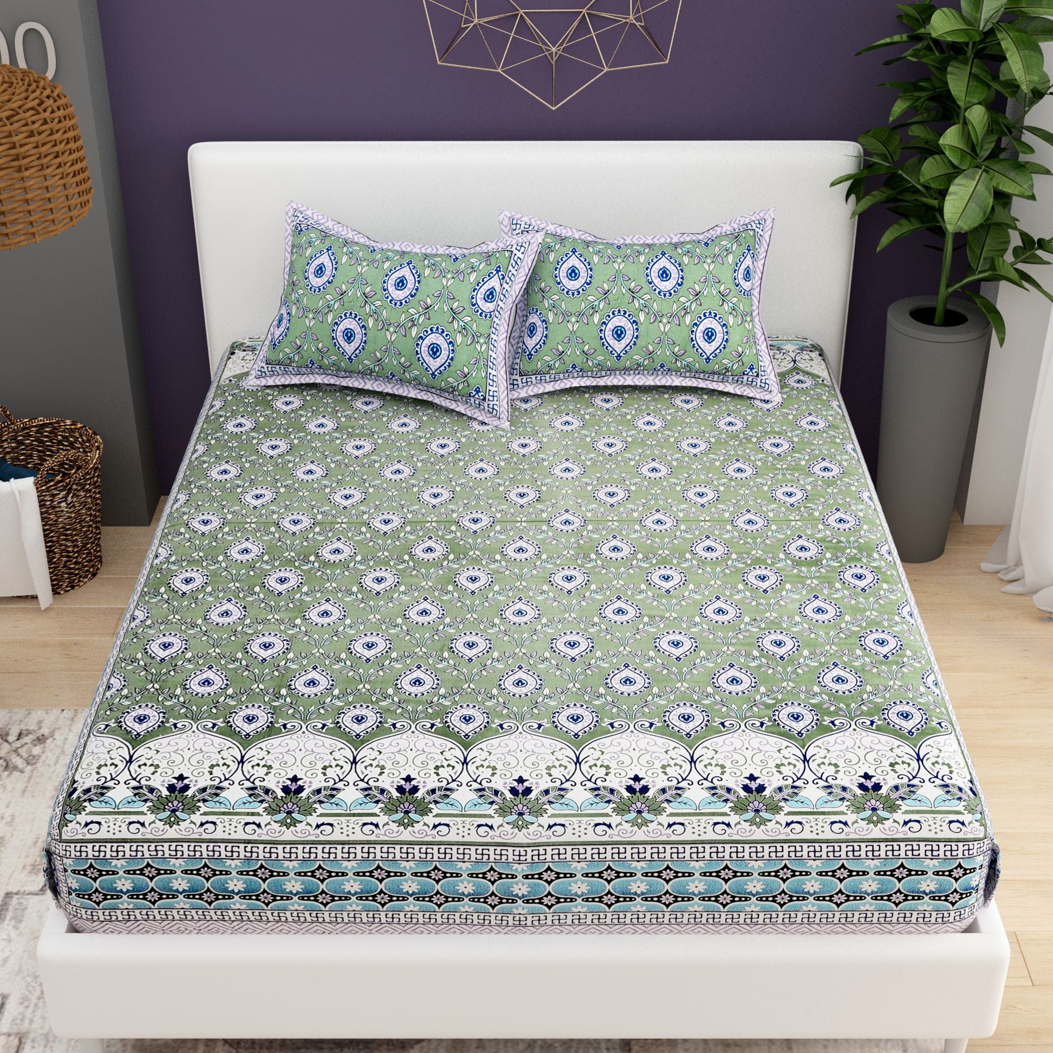 Mint Green Ethnic Motifs Cotton 200TC King Bedsheet With 2 Zipper Pillow Covers - King Size by House of Ree - Distacart