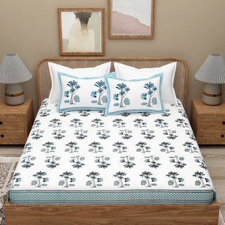 White Blue Ethnic Motifs Cotton 300TC King Bedsheet With 2 Zipper Pillow Covers - Super King Size by House of Ree - Distacart