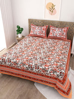 Thumbnail for Red Orange Floral Printed Cotton 200TC King Bedsheet With 2 Zipper Pillow Covers - King Size by House of Ree - Distacart
