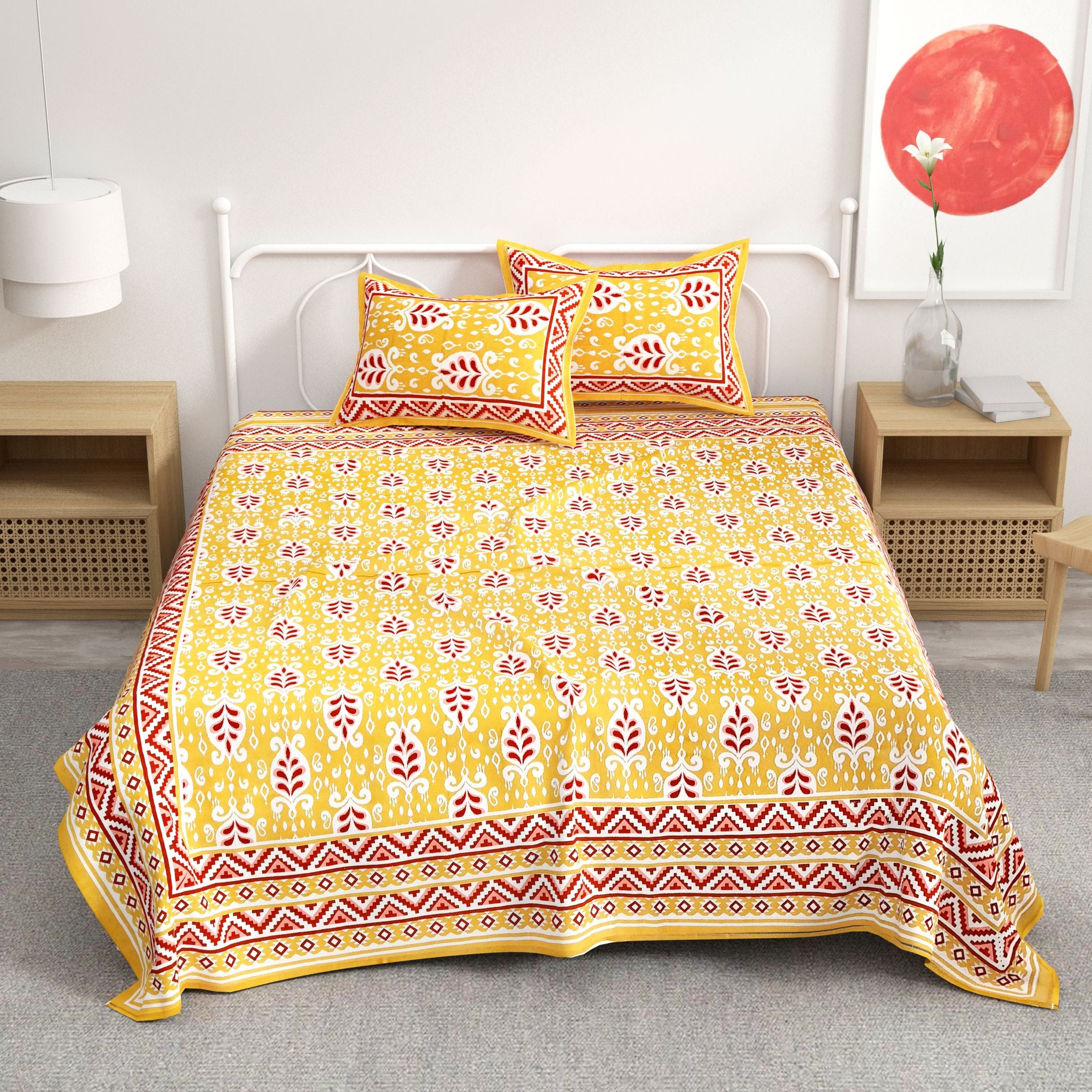 Yellow Leaf Design Cotton 300TC Super King Bedsheet With 2 Zipper Pillow Covers - King Size by House of Ree - Distacart