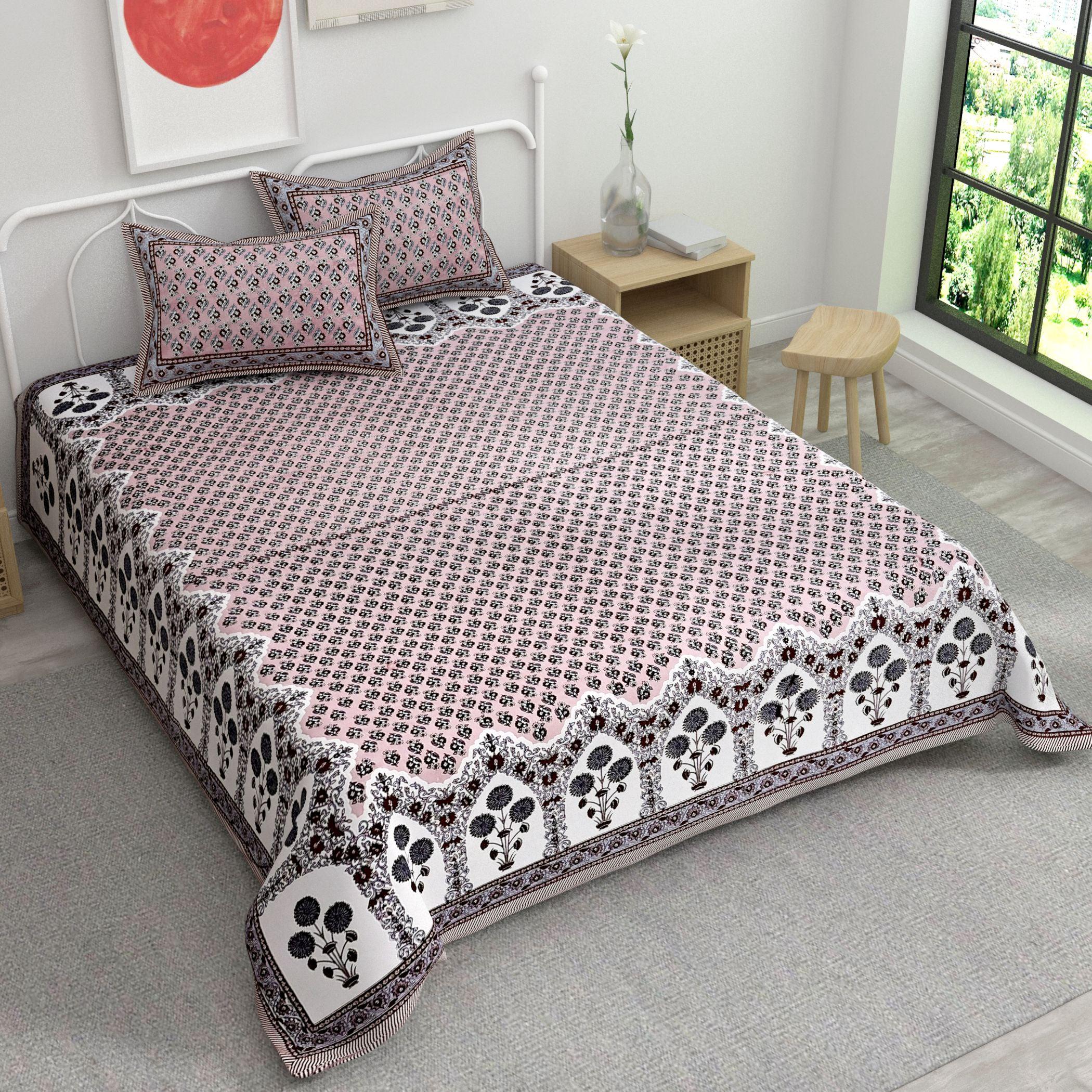 Brown Ethnic Motifs Cotton 220 TC Bedsheet With 2 Zipper Pillow Covers - King Size by House of Ree - Distacart