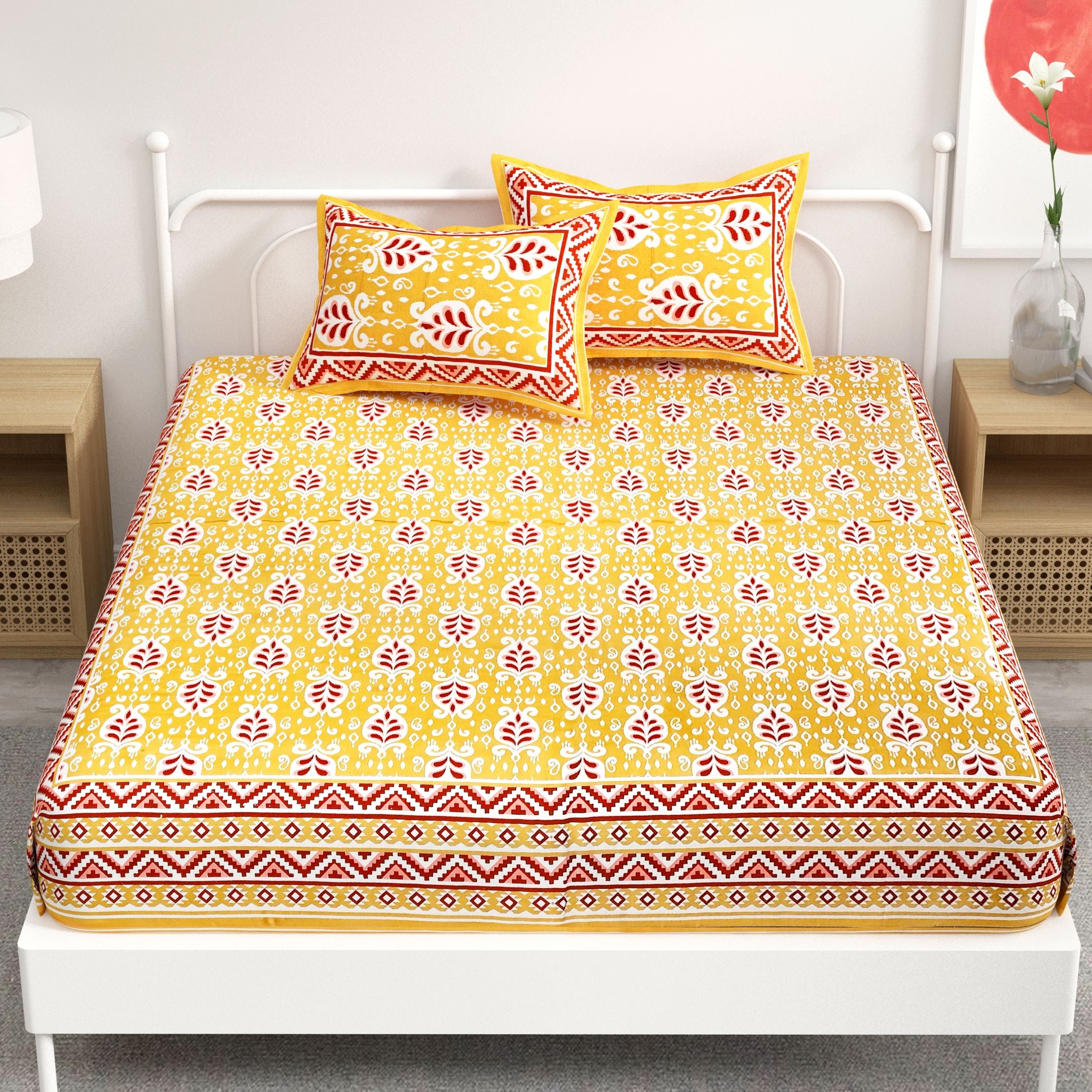 Yellow Leaf Design Cotton 300TC Super King Bedsheet With 2 Zipper Pillow Covers - King Size by House of Ree - Distacart