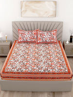 Thumbnail for Red Orange Floral Printed Cotton 200TC King Bedsheet With 2 Zipper Pillow Covers - King Size by House of Ree - Distacart