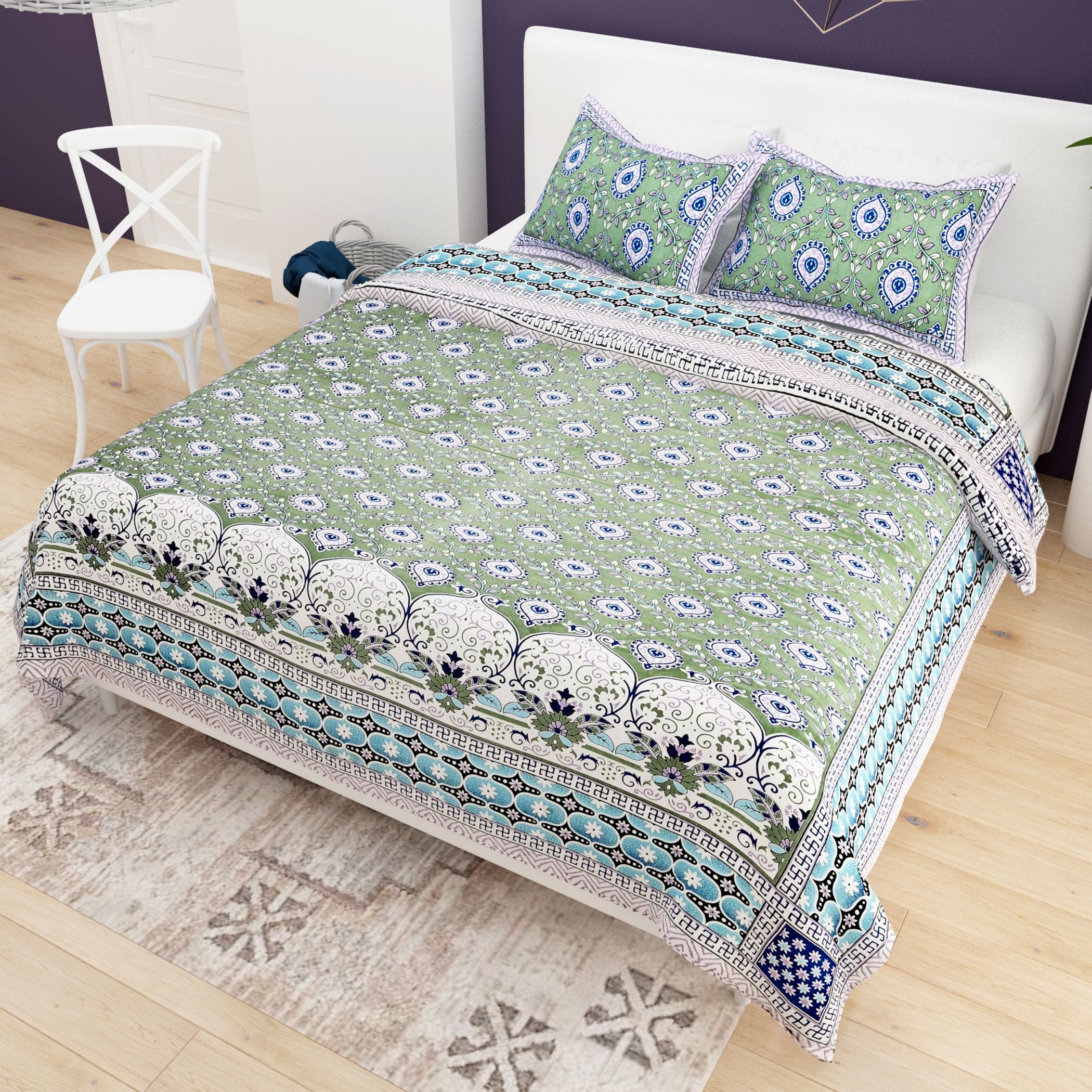 Mint Green Ethnic Motifs Cotton 200TC King Bedsheet With 2 Zipper Pillow Covers - King Size by House of Ree - Distacart