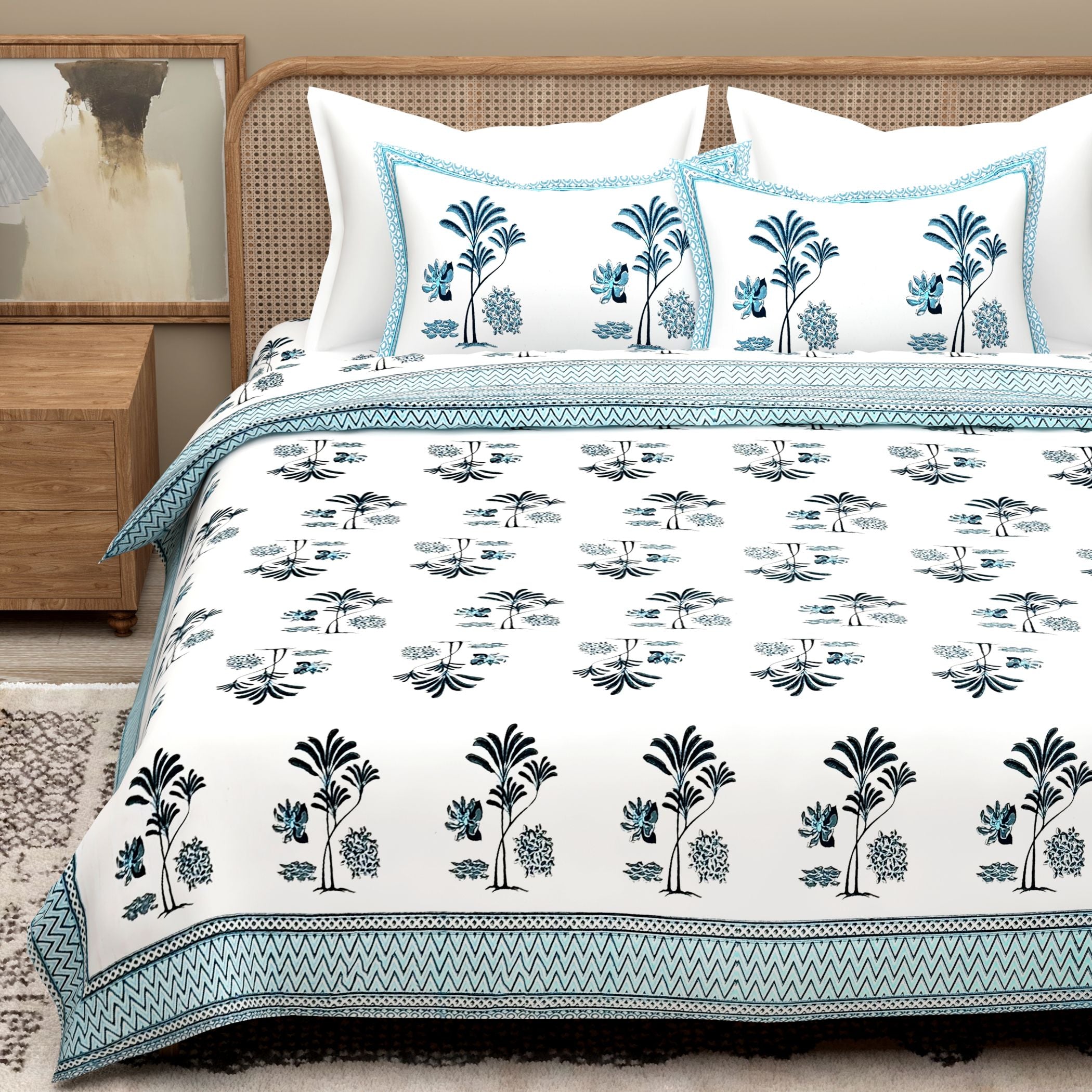 White Blue Ethnic Motifs Cotton 300TC King Bedsheet With 2 Zipper Pillow Covers - Super King Size by House of Ree - Distacart