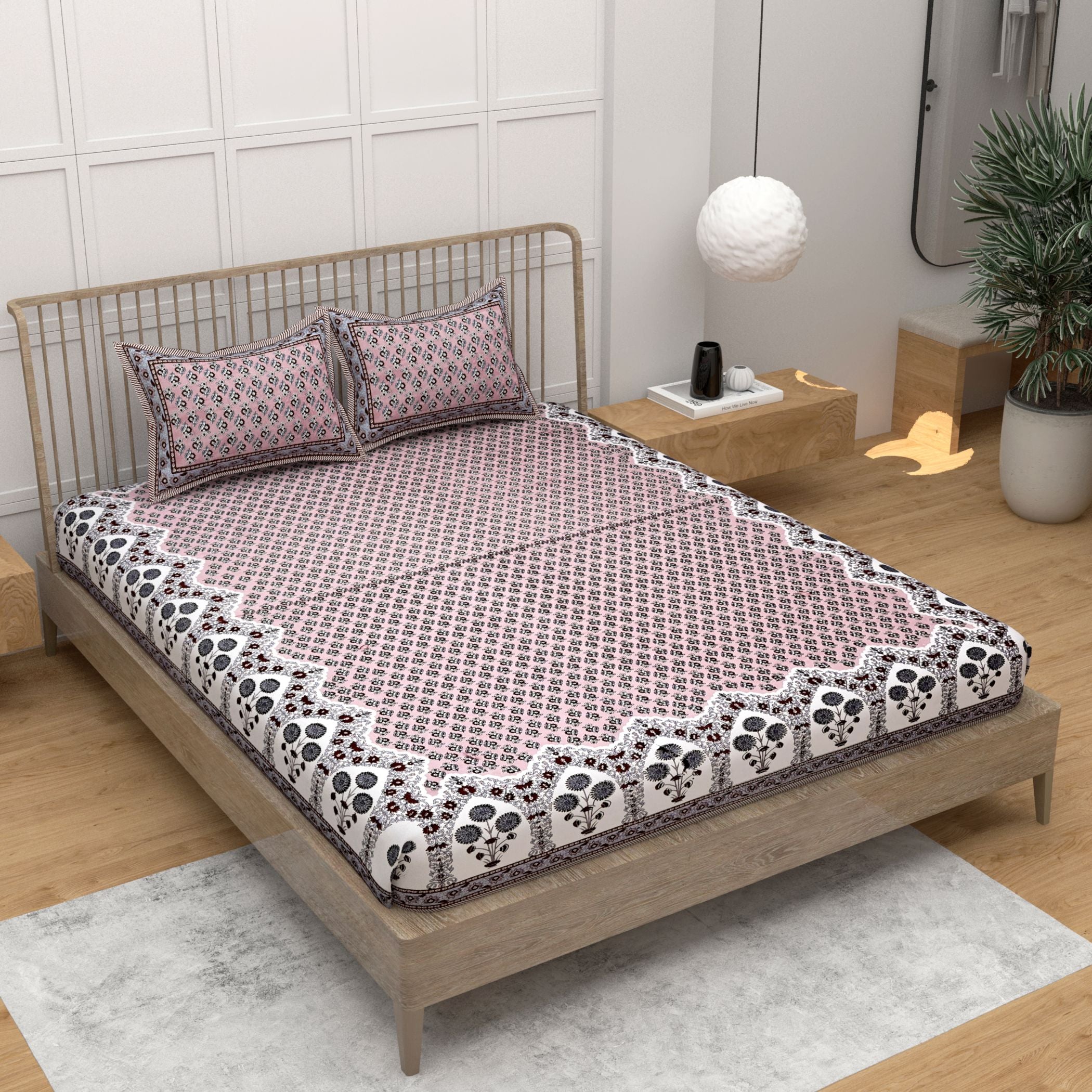 Brown Ethnic Motifs Cotton 220 TC Bedsheet With 2 Zipper Pillow Covers - King Size by House of Ree - Distacart