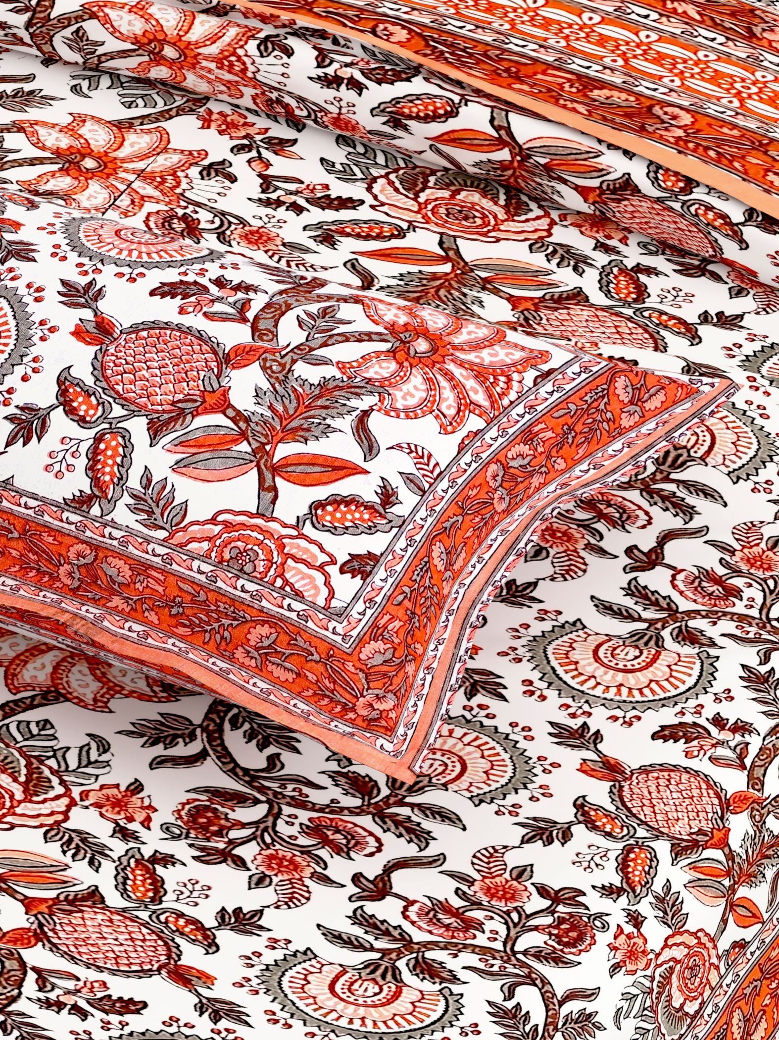 Red Orange Floral Printed Cotton 200TC King Bedsheet With 2 Zipper Pillow Covers - King Size by House of Ree - Distacart