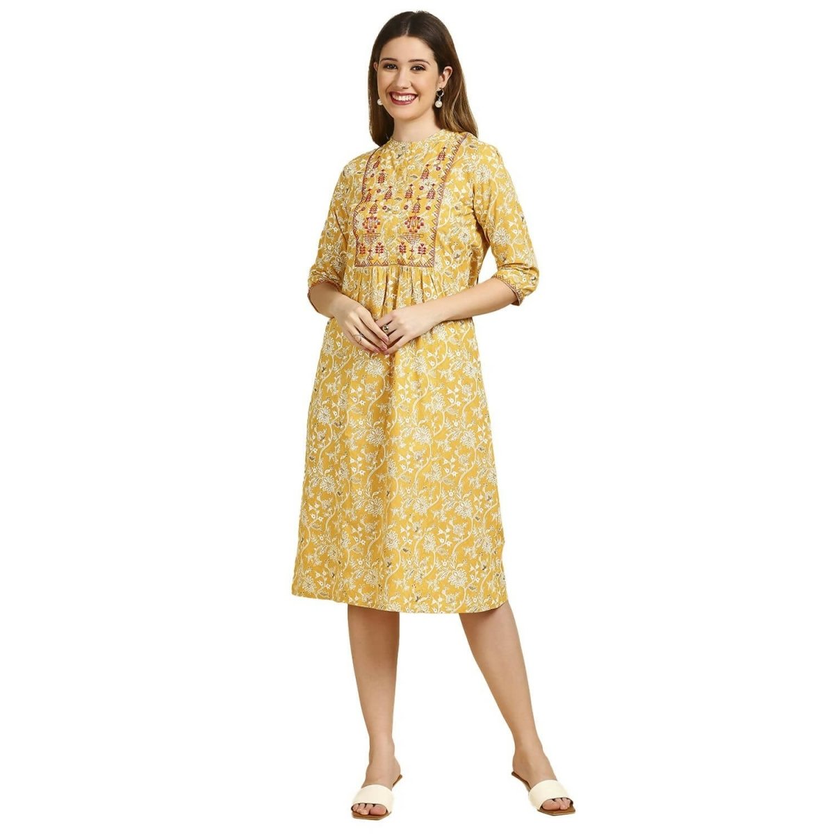Anubhutee Women's Cotton A-Line Midi Casual Yellow Dress - Distacart
