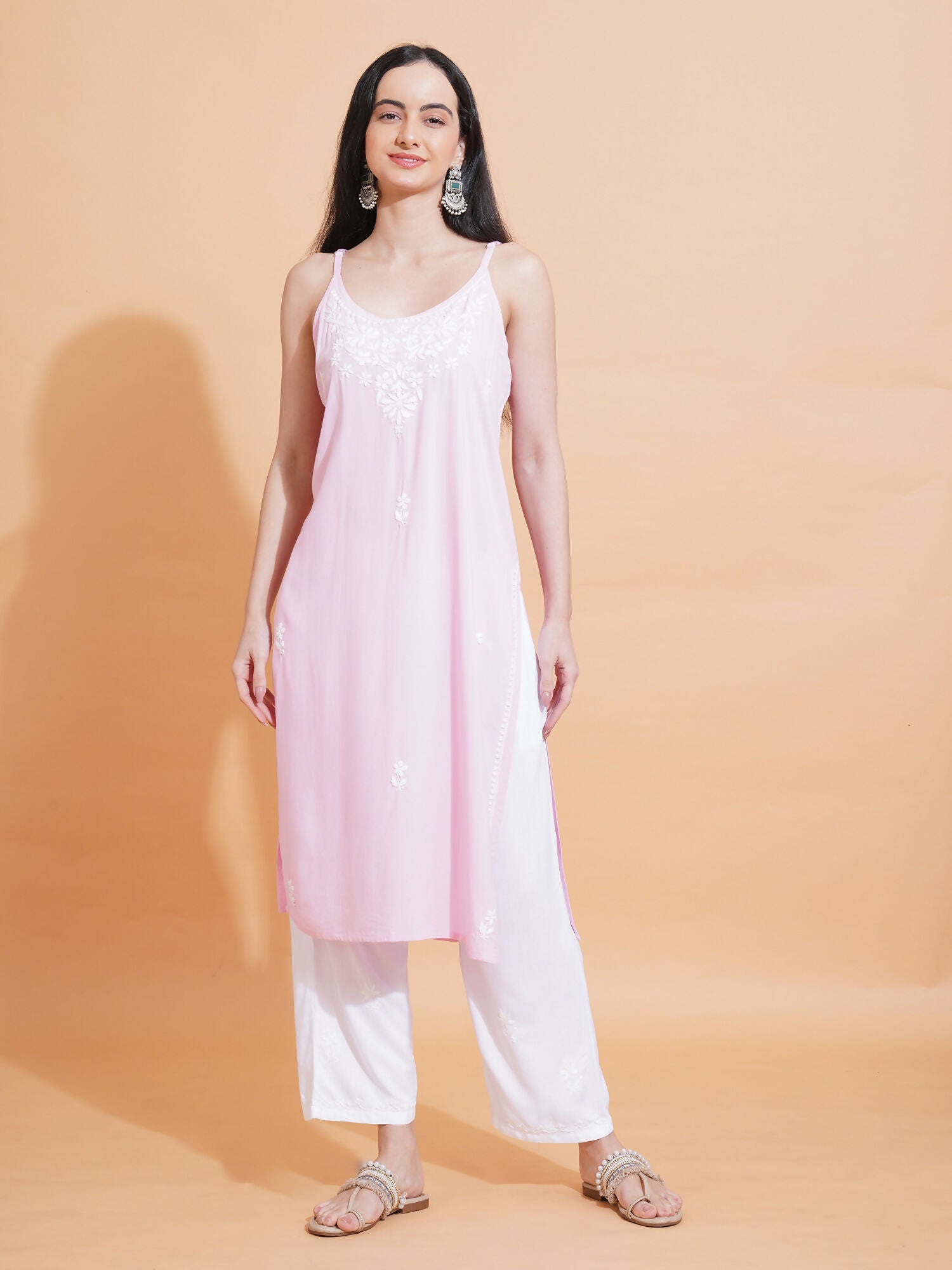 Pahnaz Luxury Rayon Chikankari Sleeveless Long Kurti-Pink - Dista