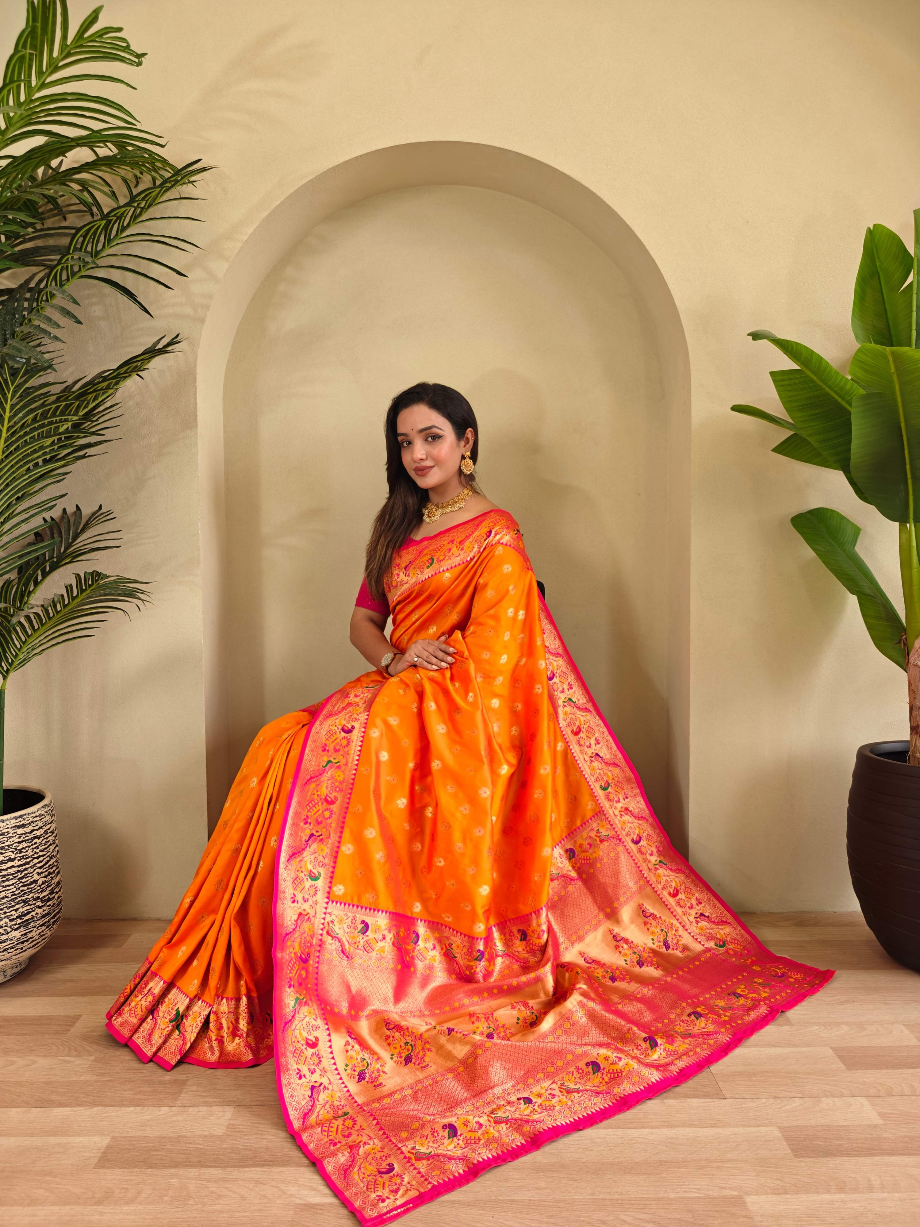 Mameraa Sarees Paithani Silk Blend Weaving Saree With Contrast Blouse-Yellow - Dista