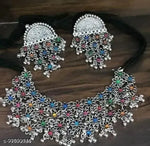 Thumbnail for Tehzeeb Creations Women's Silver Color Oxidised Necklace Set With Multi Kundan - Distacart