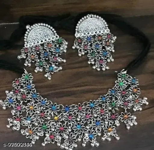 Tehzeeb Creations Women's Silver Color Oxidised Necklace Set With Multi Kundan - Distacart