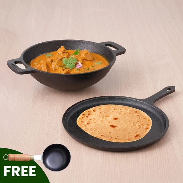 The Indus Valley CASTrong Cast Iron Cookware Set: Tawa+ Kadai (Wok model), Kitchen Set for Home, Pre-seasoned, 100% Pure, Toxin-free, Tadka Pan