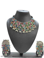Thumbnail for Tehzeeb Creations Women's Silver Color Oxidised Necklace Set With Multi Kundan - Distacart