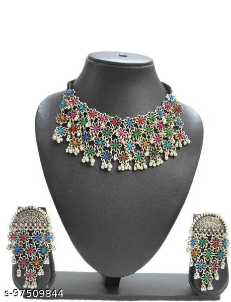 Tehzeeb Creations Women's Silver Color Oxidised Necklace Set With Multi Kundan - Distacart